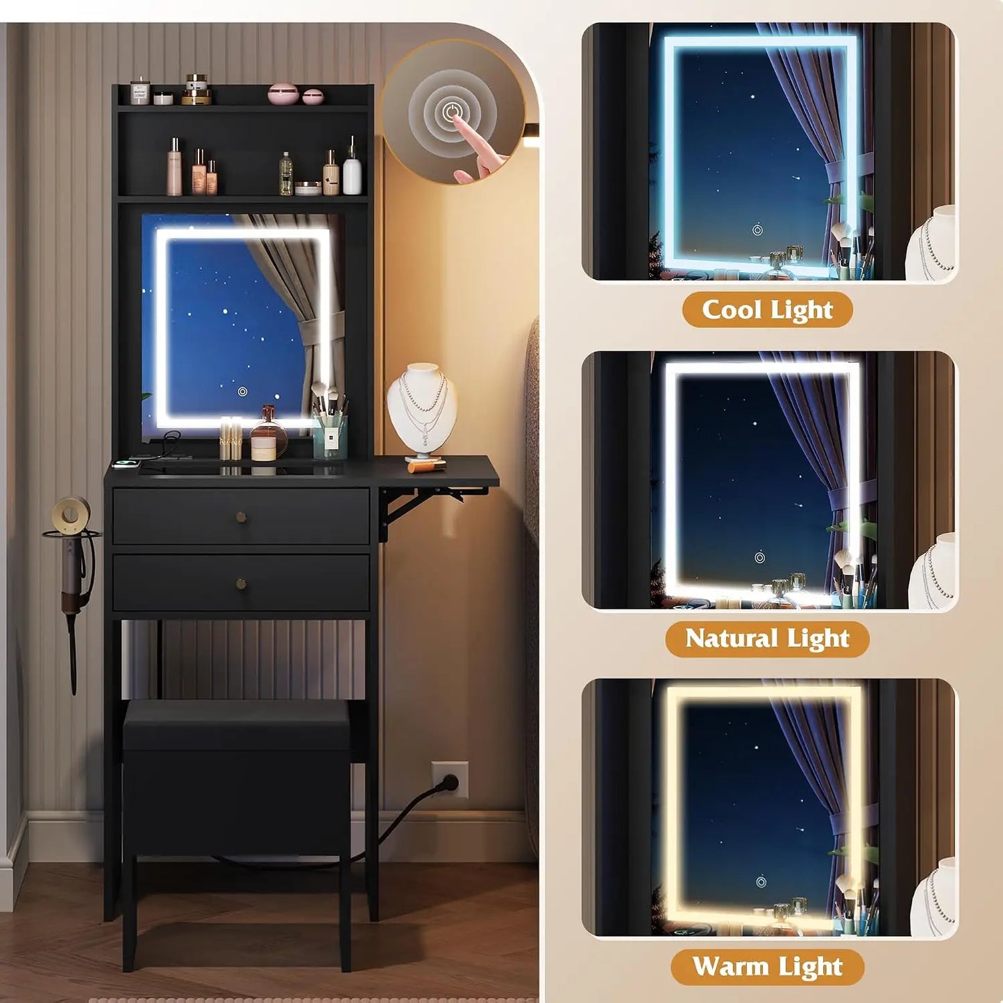 Small Black Vanity Desk with Mirror and Lights, Compact Makeup Vanity Set with Fold-up Panel and Chair, Dressing, Customized