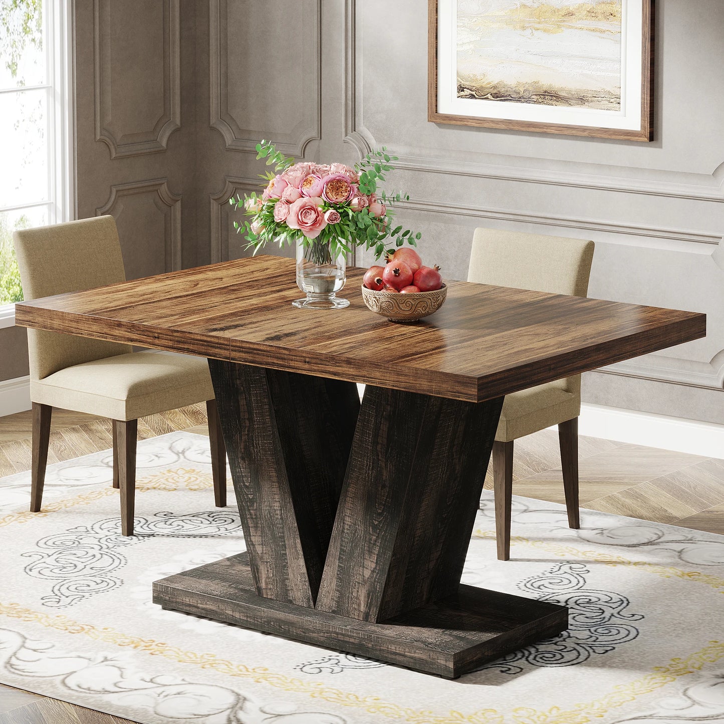 Tribesigns 47-Inch Dining Table for 4-6, White Kitchen Dinner Table with Heavy Duty Pedestal, Farmhouse Wooden Eating Table
