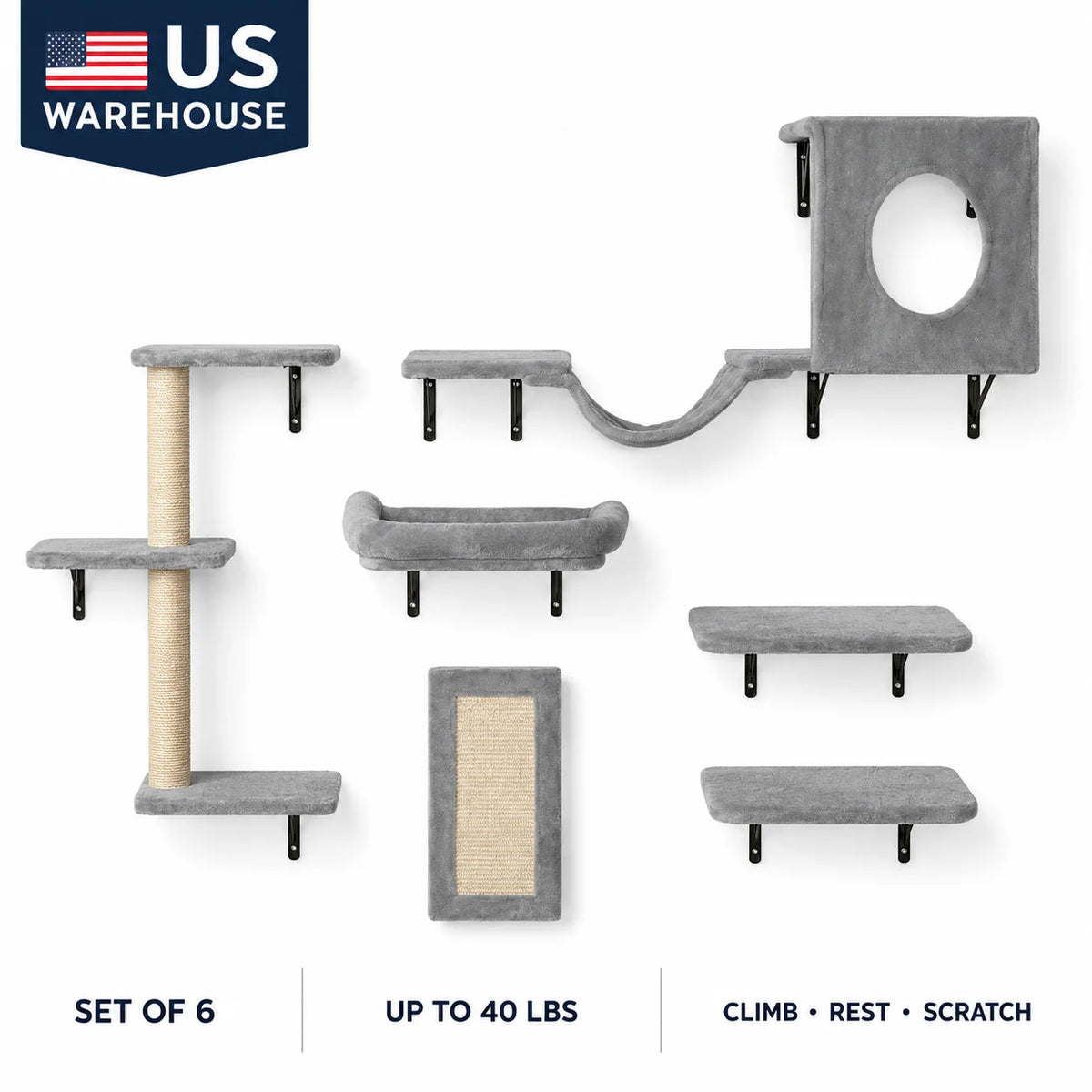 Wall Mounted Cat Shelves Set of 6, Cat Wall Furniture with 2 Jumping Boards, Hammock, Sofa, Cat Tree and Cat Grip, Cat Climbing Shelves and Perches for Sleeping, Playing and Scratching, Supports Cats up to 40 lbs
