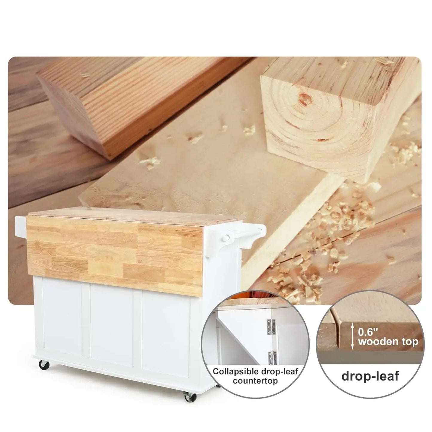 52" Mobile Kitchen Island with Drop Leaf, Rubberwood Top, Spice Rack, Adjustable Shelves, 5 Drawers, Rolling Cart, White, Custom