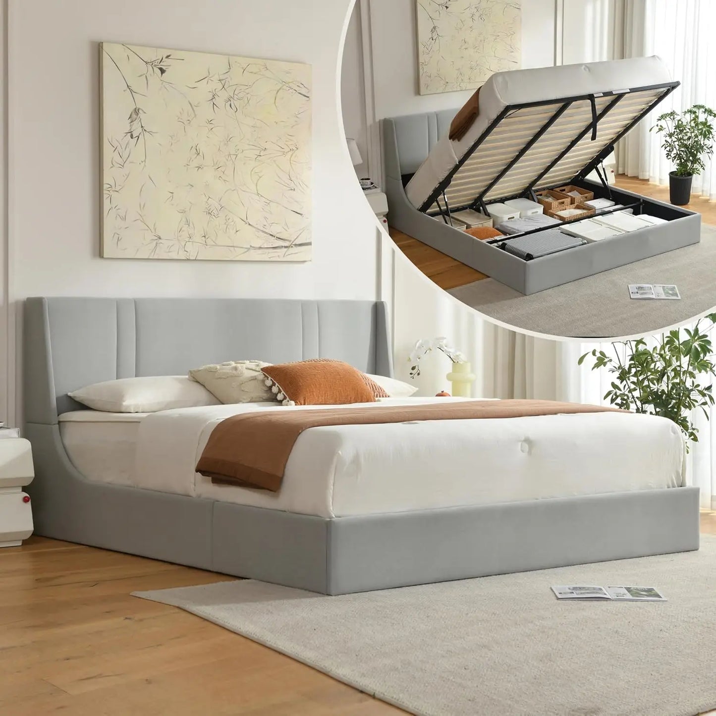 King Size Lift Up Storage Bed Frame, Hydraulic Platform Bed with 41.7" Upholstered Wingback Headboard, No Box, Customized