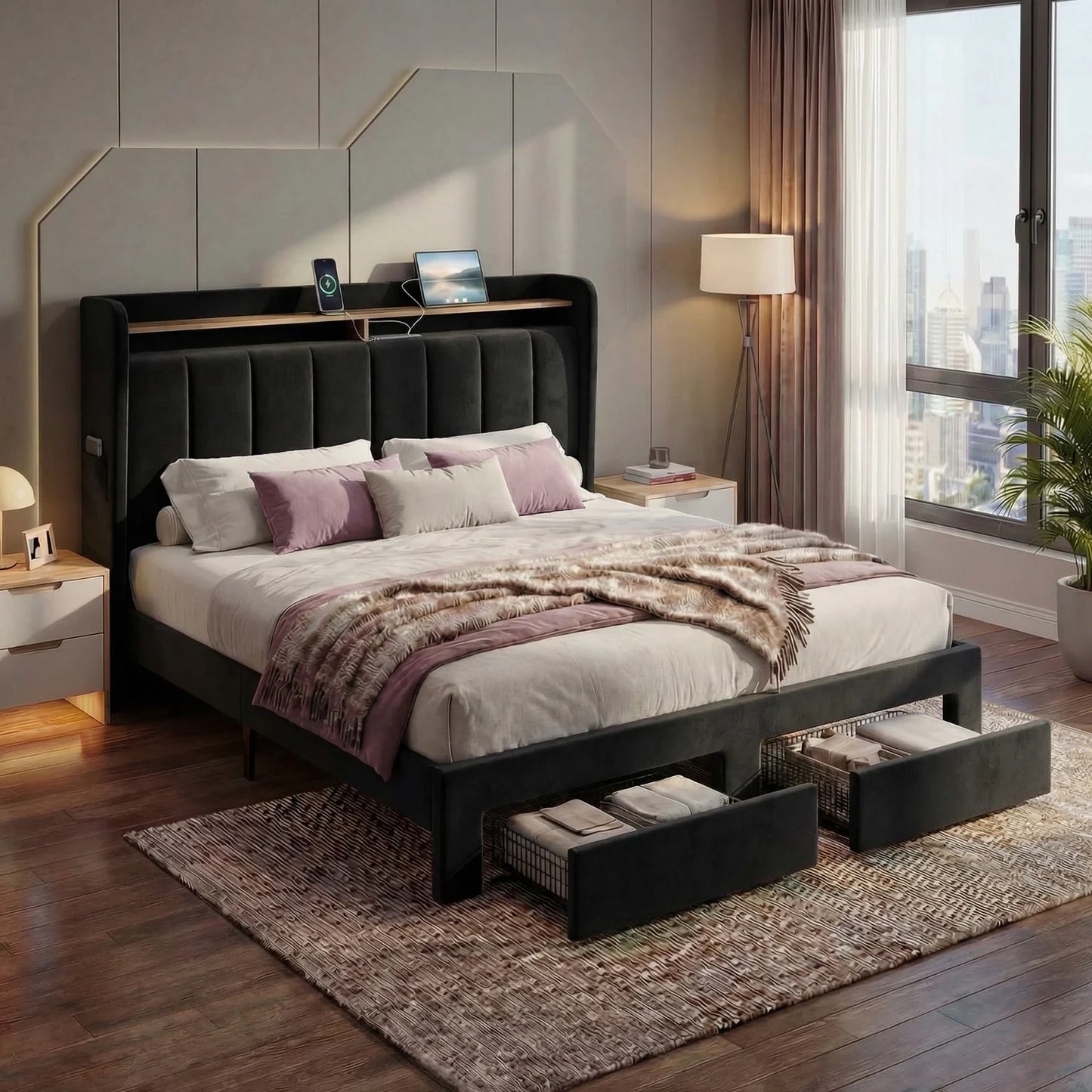 HOOMIC Platform Bed Frame With Storage Drawers And LED Lights