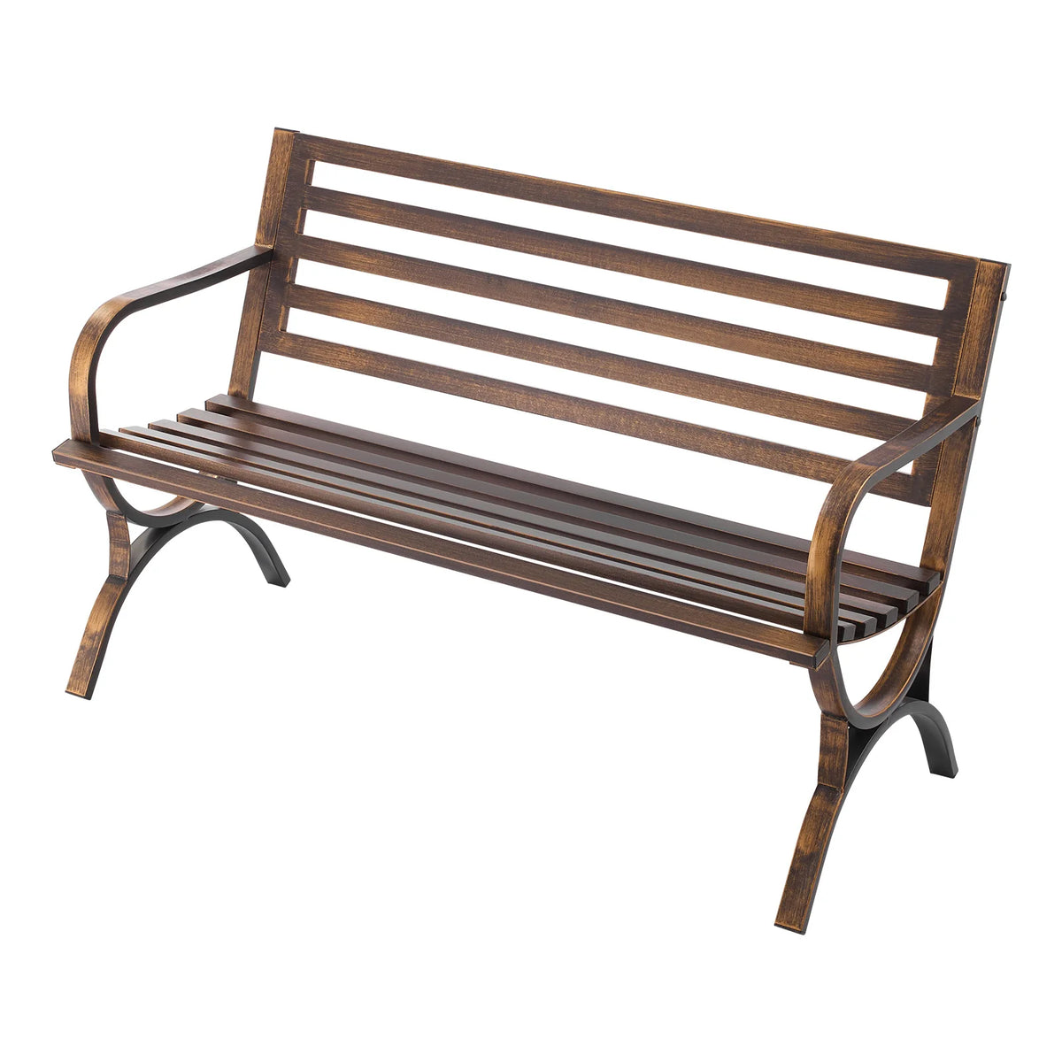SucceBuy Outdoor Bench Carbon Steel Metal Frame with Backrest and Round Edge Armrests Weatherproof Outside Bench for Patio Park