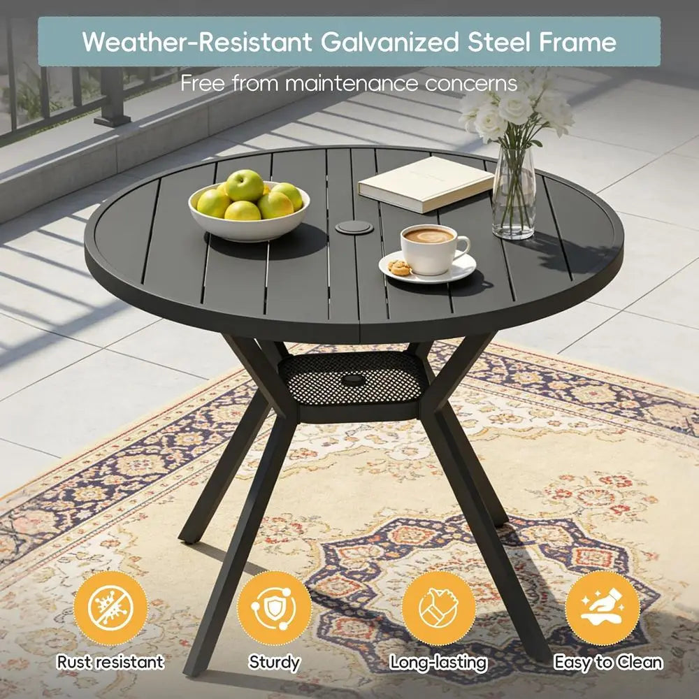Round All-Weather Metal Patio Dining Table with Adjustable Umbrella Hole for Outdoor Garden and Backyard, Black