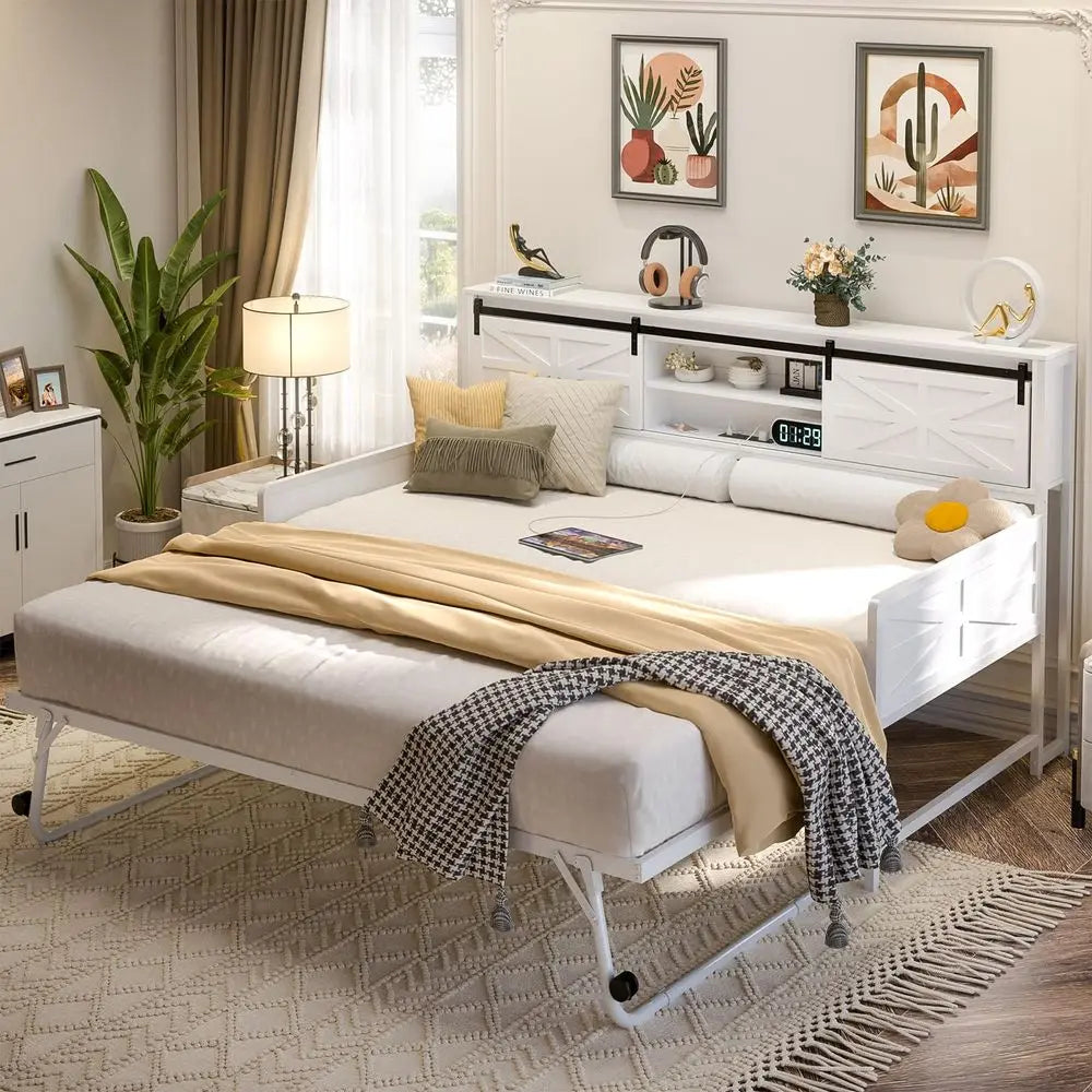 Farmhouse Twin Daybed with PopUp Trundle, Metal Trundle Bed Frame with Bookcase Headboard, Charging Station amp Barn Door Stora