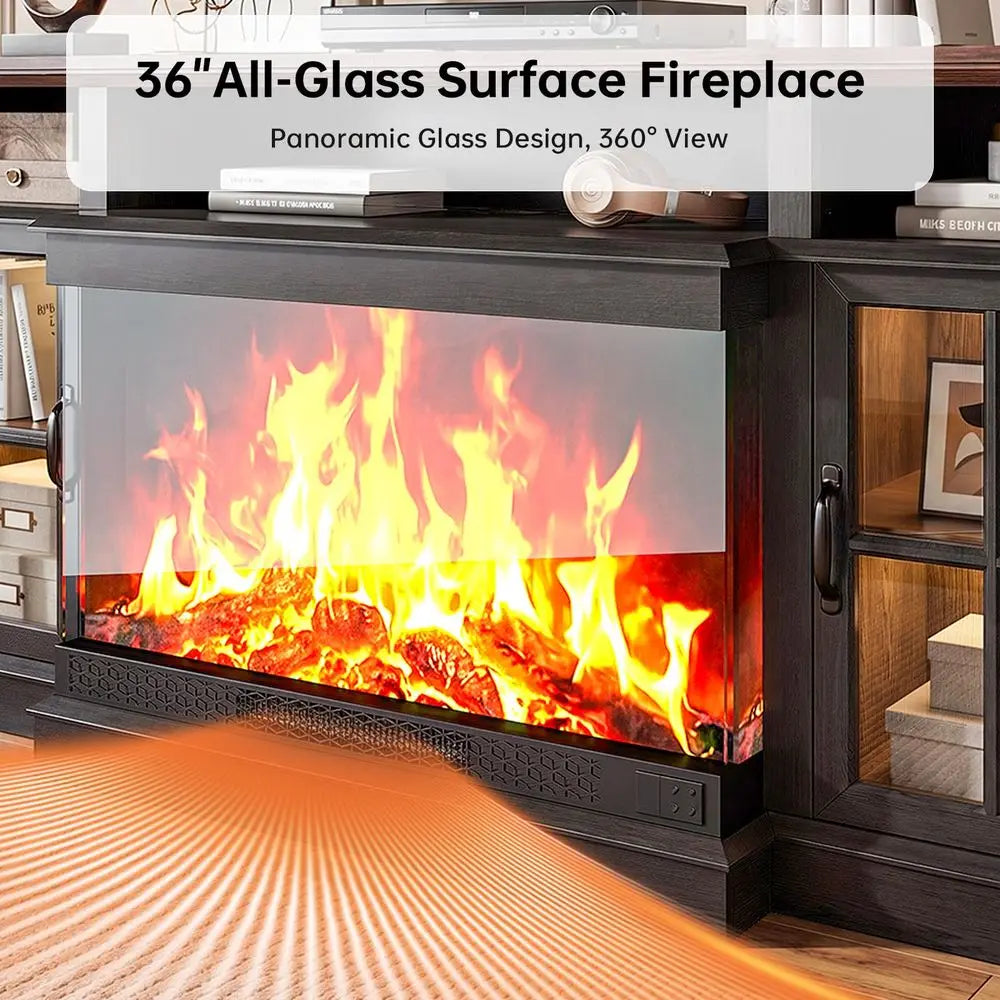 Fireplace TV Stand, 3 Sided Glass Modern Entertainment Center for TVs Up to 80, TV Console with Storage Cabinets, Media Console