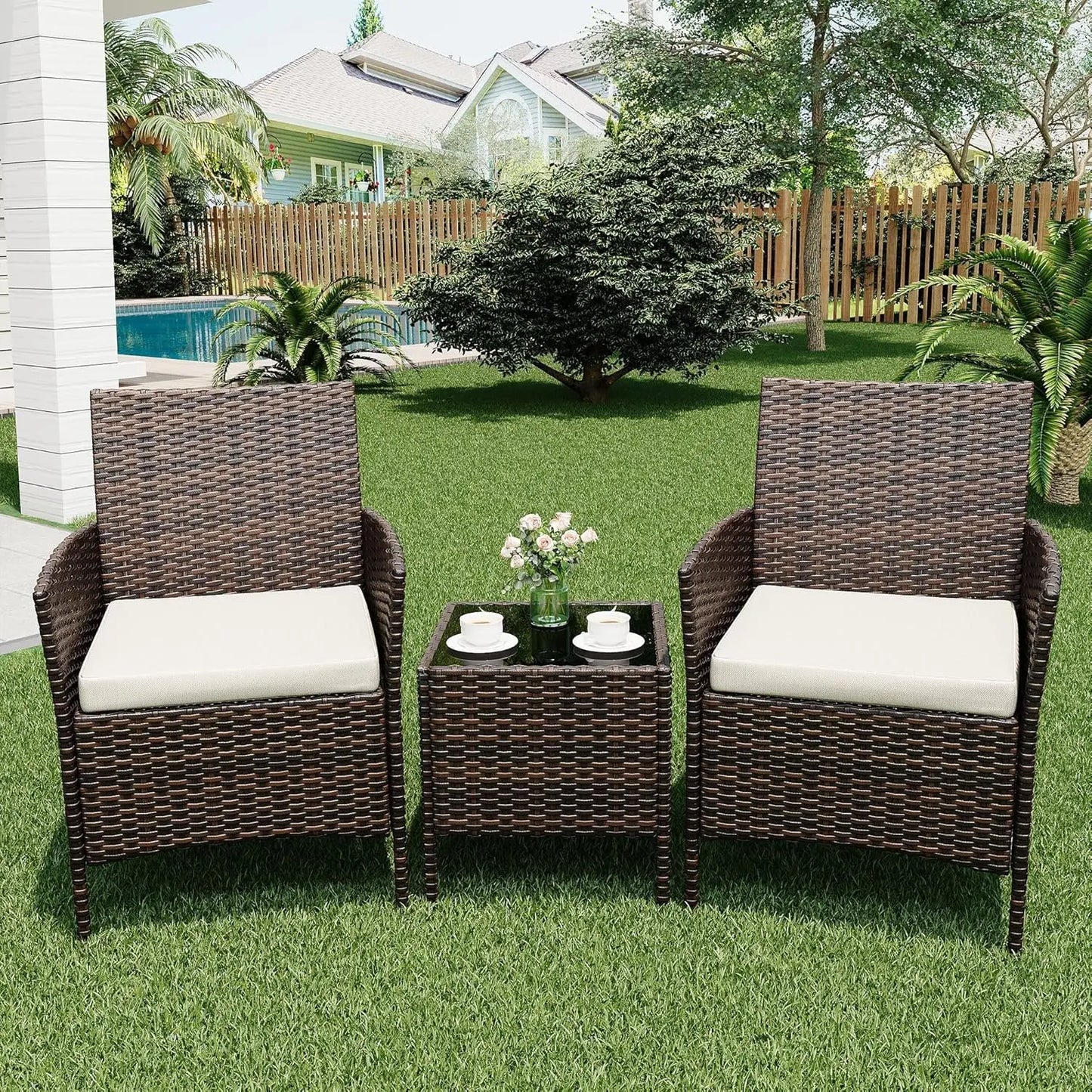 HiMISS All Weather 3 Piece Patio Set With Rattan Chairs