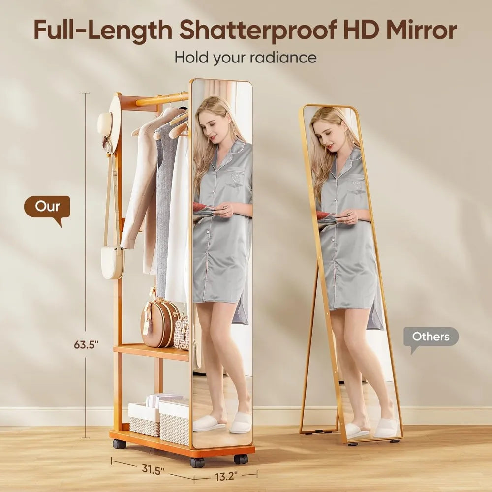 Bamboo Coat Rack, Mirror Coat Tree Stand with Shelves and Hooks, Freestanding Clothes Coat Hanger Stand, Bedroom/Living Room/Ent