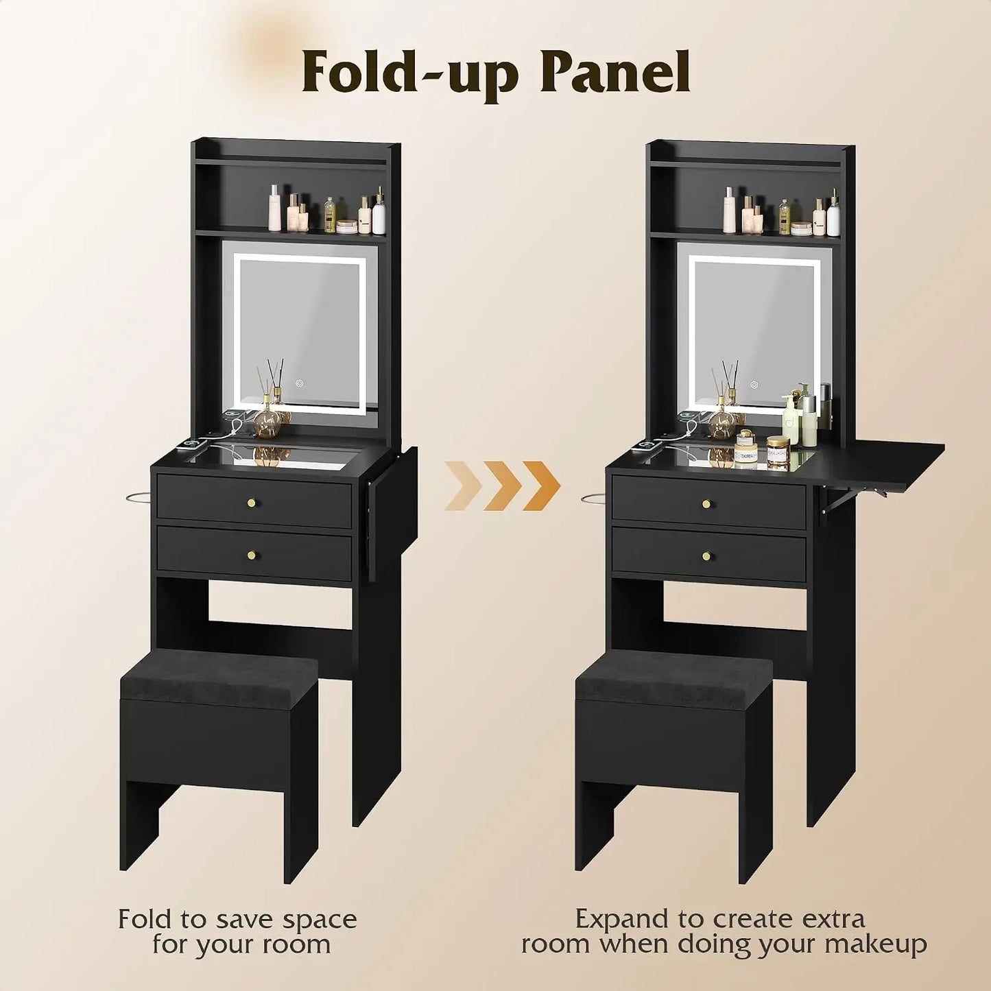 Small Black Vanity Desk with Mirror and Lights, Compact Makeup Vanity Set with Fold-up Panel and Chair, Dressing, Customized