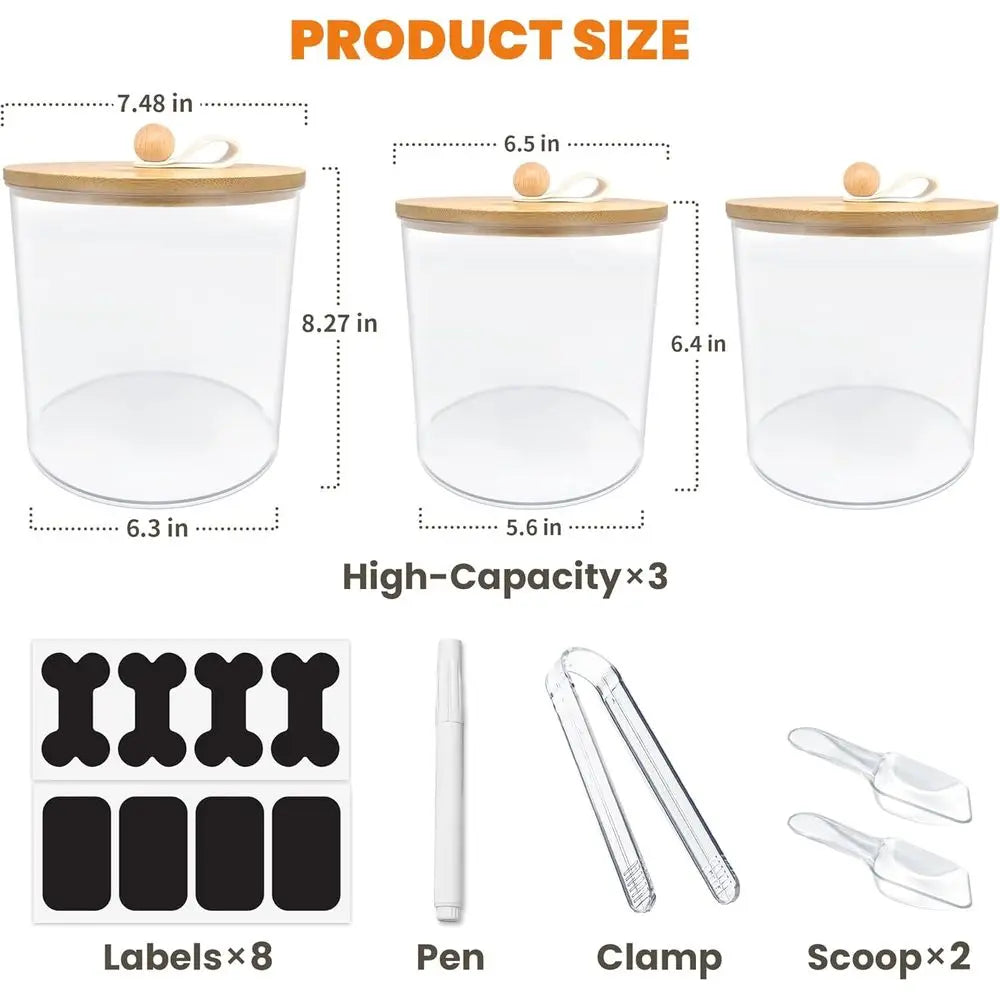 3 Pack Airtight Dog Treat Containers with Bamboo Lids, Treat Jars with Scoops, Clamps, Labels, Marker, Treat Holder