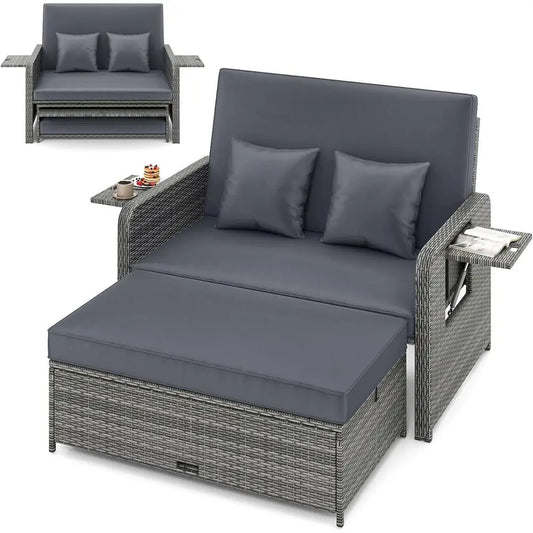 Outdoor Rattan Daybed Set with Loveseat, Storage Ottoman, and Adjustable Backrest for Patio, Deck, or Poolside in Mixed Grey