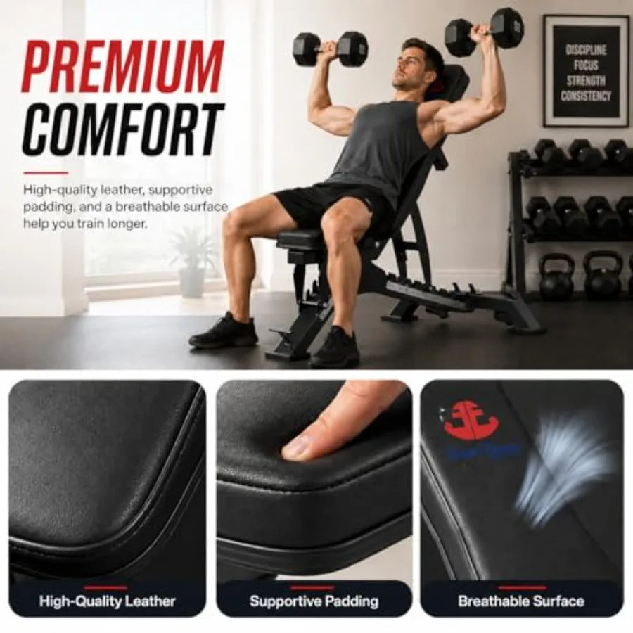 Adjustable Workout Bench for Home Gym, Steel Frame, Black, 1300LB Capacity 7-Position Backrest