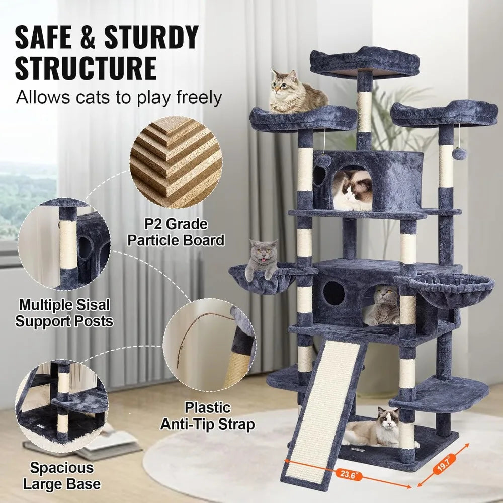 Indoor Cat Tree With Double Condos, Hammocks, And Scratching Posts