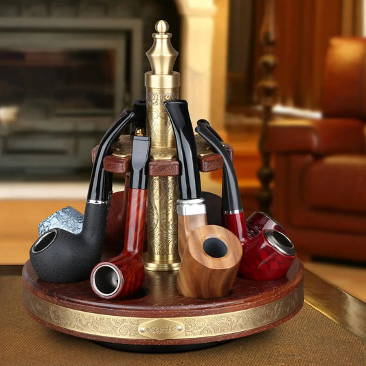 Scotte Rotating Wooden Tobacco Pipe Stand With Carved Design