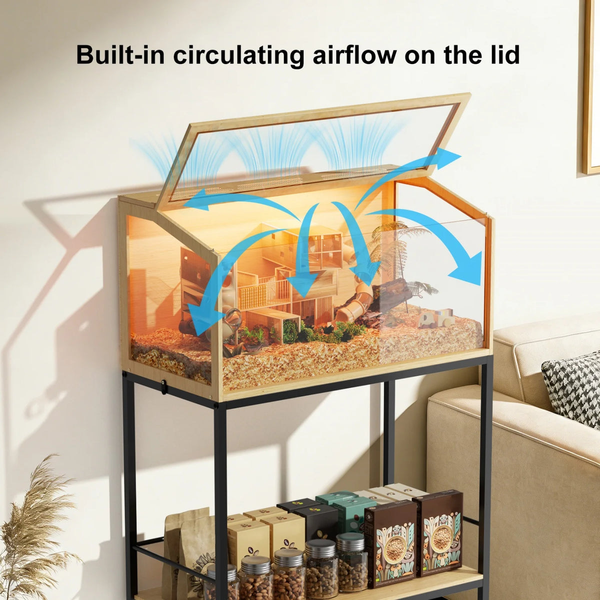 80x39x116cm Wooden Hamster Cage Built-in LED Hamster Habitat with Storage Shelf Tempered Glass Panels for Small Pets Guinea Pigs