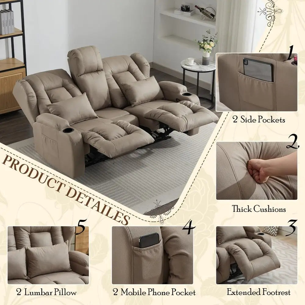 68 RV Loveseat Recliner Sofa, Manual Reclining Loveseat 6 Wall Hugger Recliners with FlipDown Console, USB, Outlet, Cup Holders