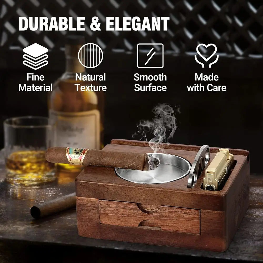 Cigar Ashtray, Wooden Ashtrays with Cigar Cutter, Tablet Holder, Cigar Holder, Accessories Der and Lighter Slot, Home Bar Outdoo