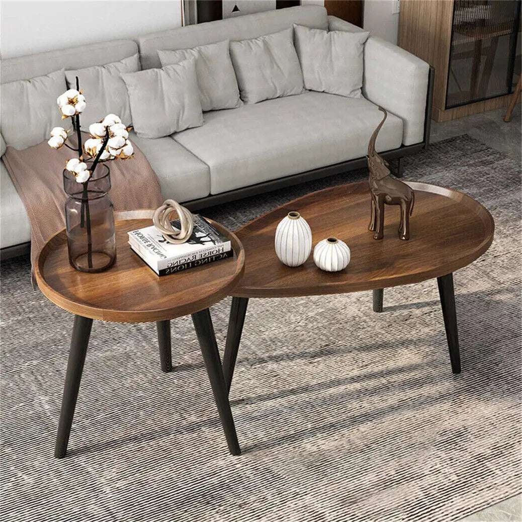 Round Rustic Nesting Coffee Tables Set 2 Wood Top Metal