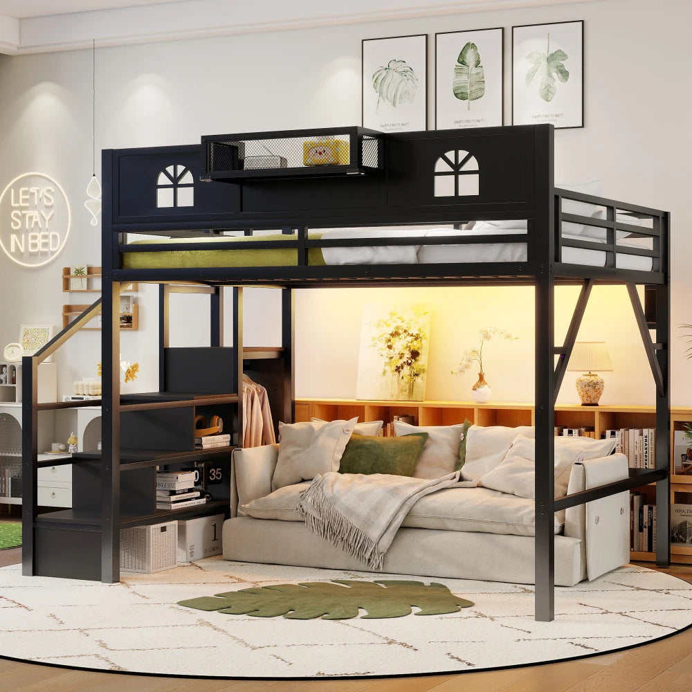 Metal Loft Bed With Stairs, Guardrails And Wardrobe Storage