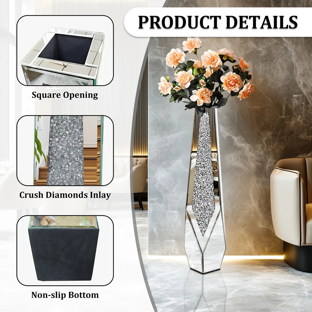 Decorative Crushed Diamond Mirrored Standing Floor Vase