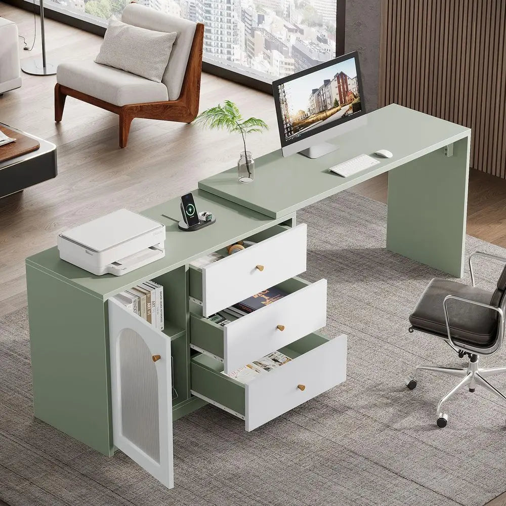 LShaped Computer Desk with Drawers, Modern Corner Home Office Desk with Reversible Storage Cabinet, Long Study Writing Desk Wor