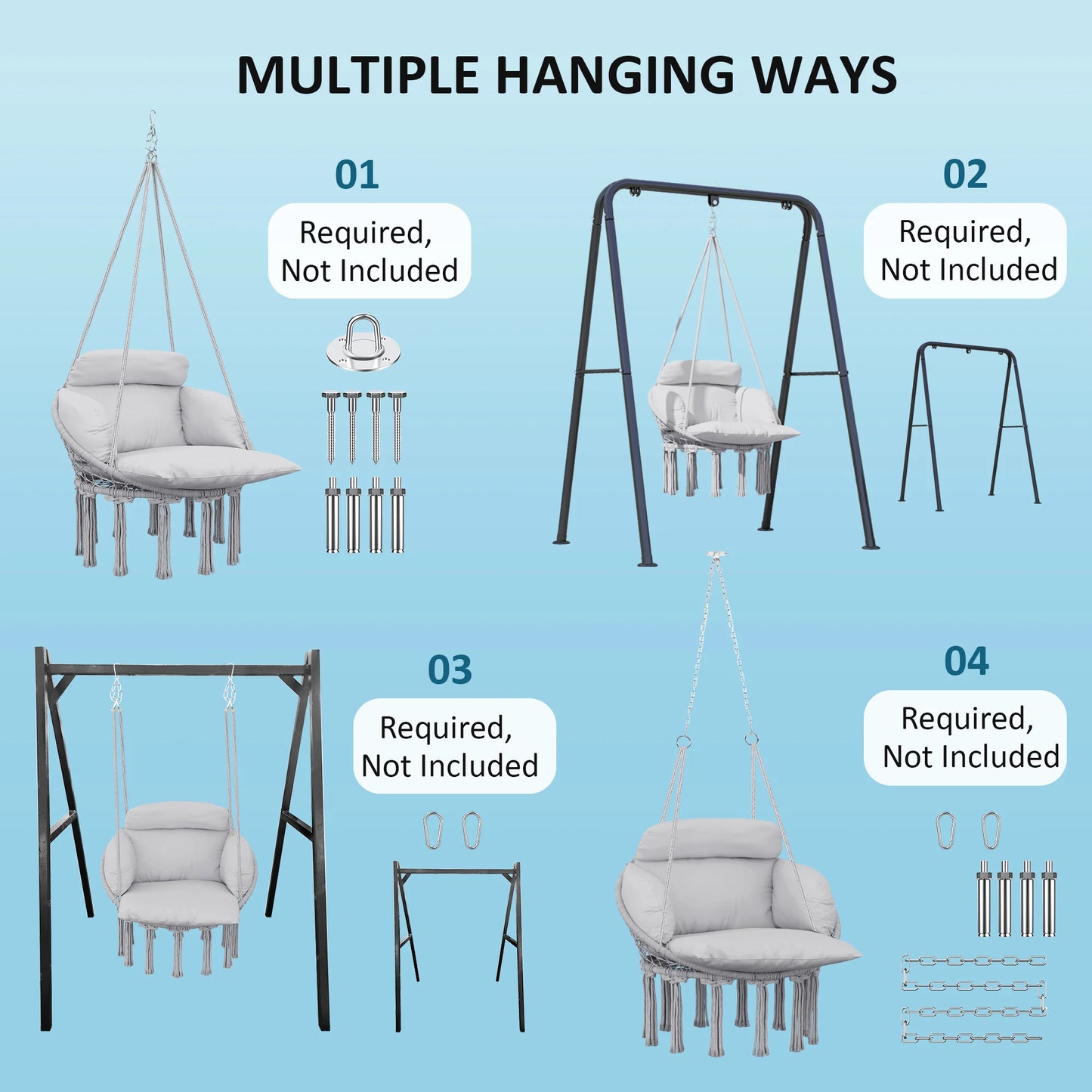 Hanging Hammock Chair with Cushion, Macrame Swing Chair, Gray