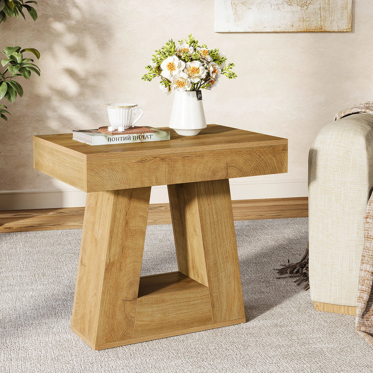 Tribesigns Side Table, 2-Tier Narrow Wooden End Table with Trapezoid Base, Farmhouse Small Nightstand for Living Room, Bedroom