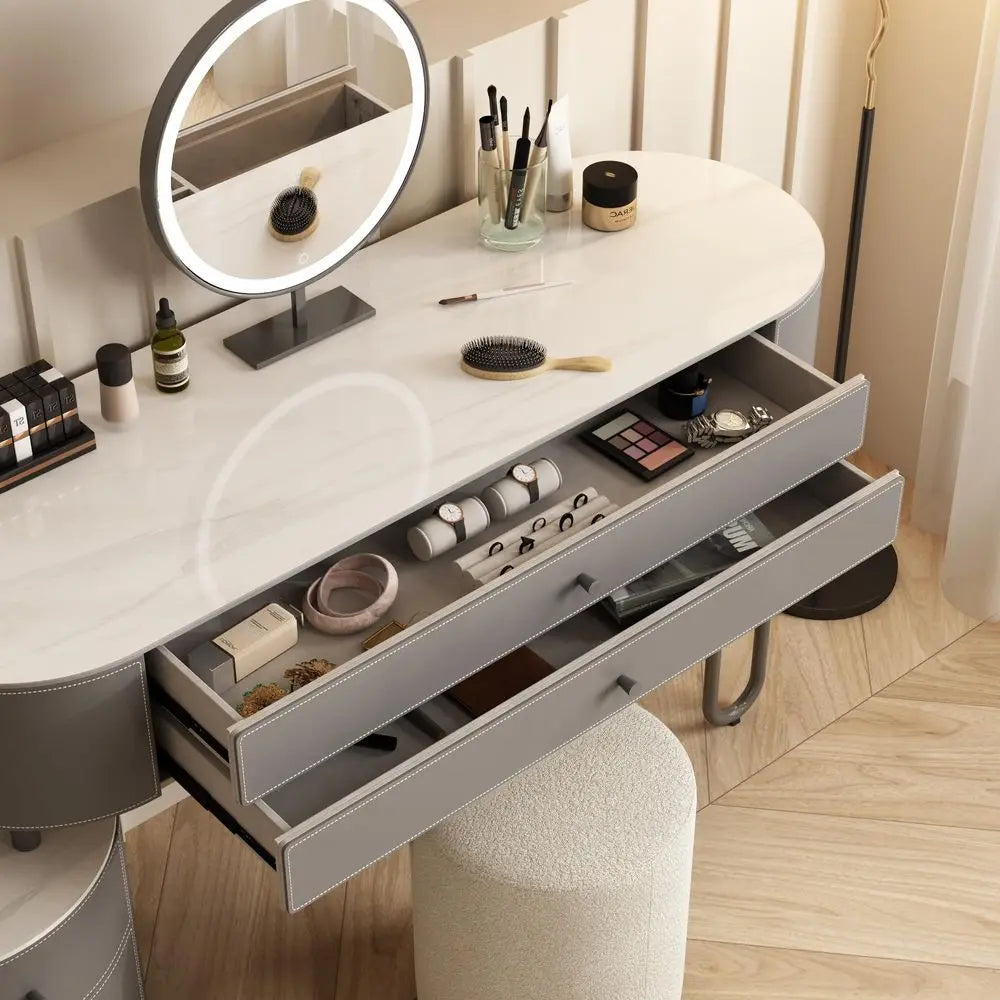 Jahnea VanityElegant Set Saddle LeatherFinished Top Vanity Table amp Stool, Stainless Steel Support, Reversible Installation, a