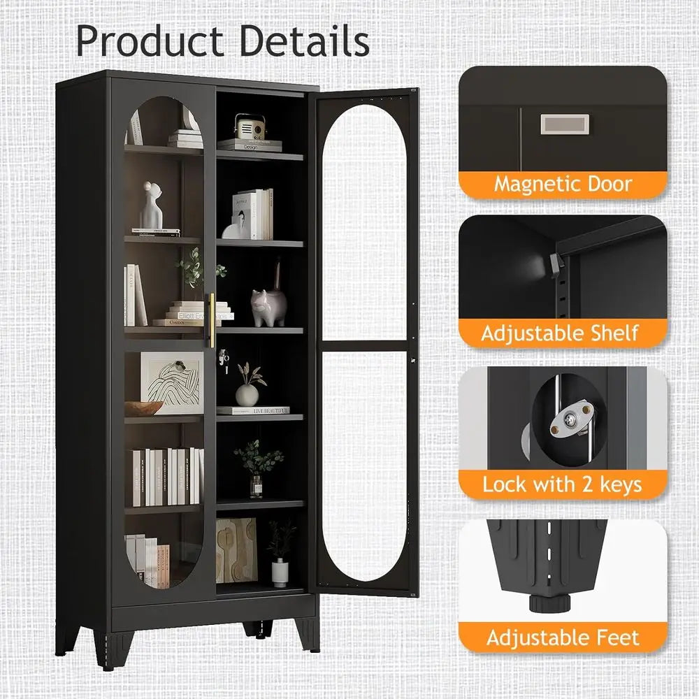 75 Tall Glass Door Metal Display Cabinet with 5 Adjustable Shelves for Living Room, Wine, Clinic, Home - Assembly Required