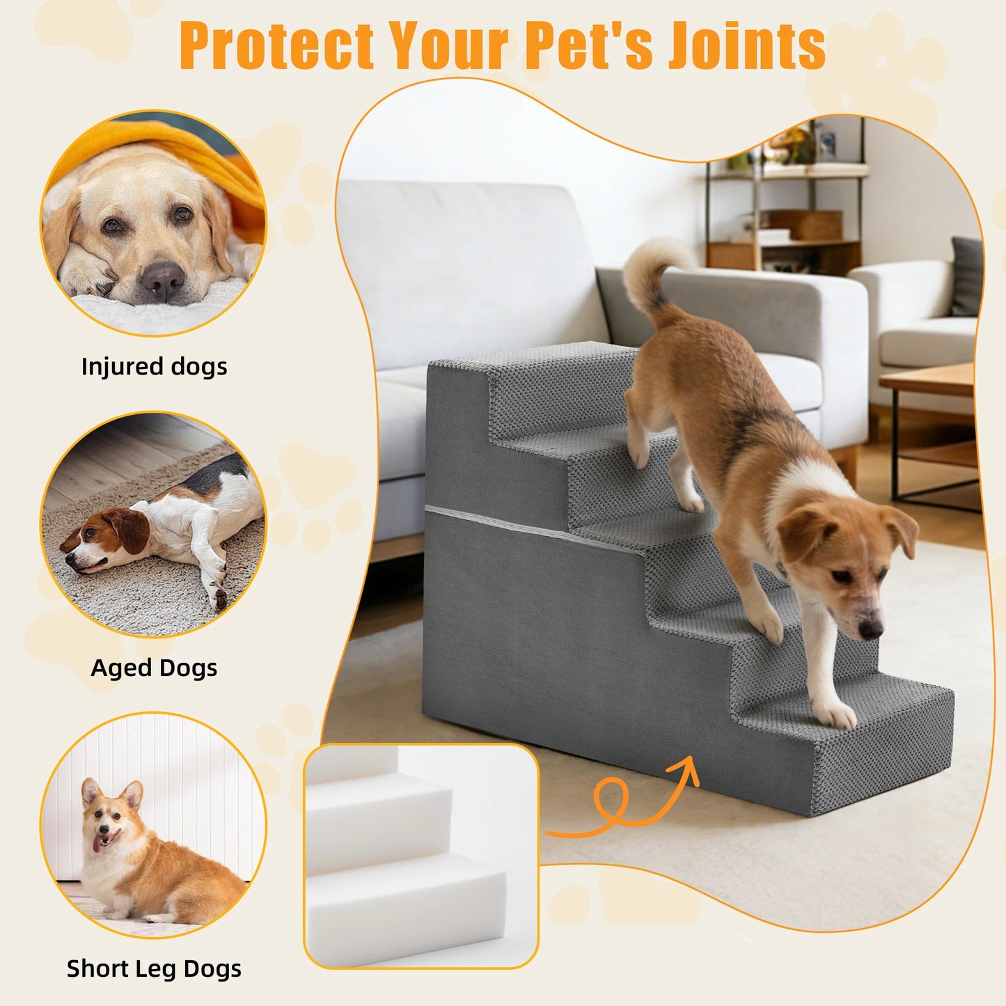 Foam Dog Stairs 3-5 Step Angled Ramp For Small Dogs