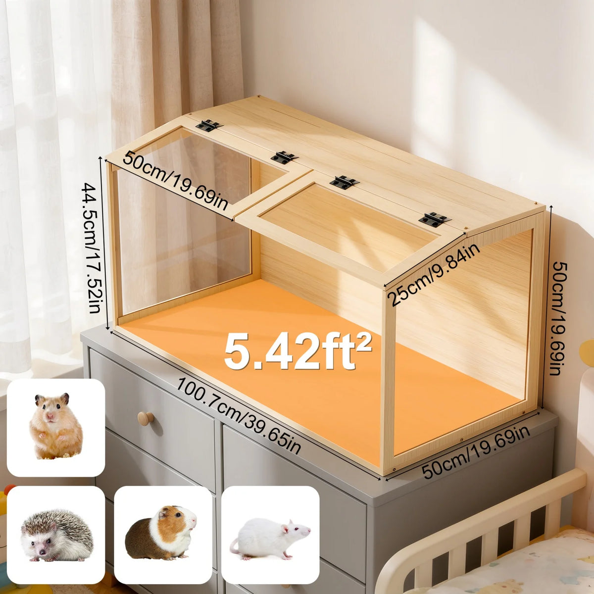 Natural Wooden Hamster Cage Habitat Dual Access Door Built-in Light Animal Cabinet Tabletop Hamsters Habitat for Small Pets