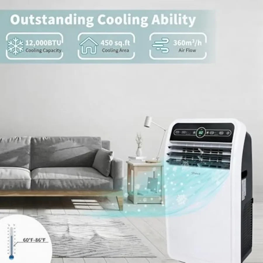 Portable air conditioner for rooms up to 450 sq.ft, plastic housing, white, 12, 000 BTU cooling capacity with dehumidifier and