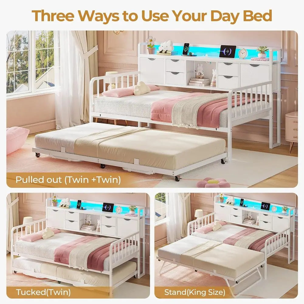 Twin Daybed with Trundle, Storage Drawer & Charging Station, Adjustable Metal Frame, Versatile for Living Spaces, White