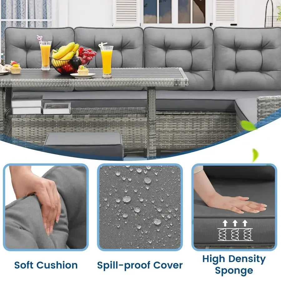 Patio Furniture Set, Outdoor Sectional Sofa with Dining Table amp Chairs, AllWeather Dining Set with Removable Cushion Covers,