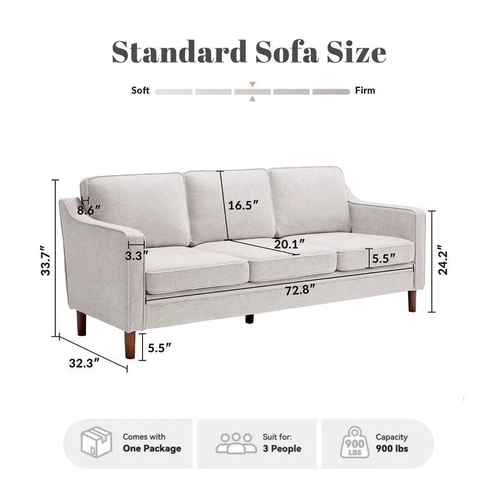 80 Chenille Sofa, 3 Seater Couch, Mid Century Modern Couches with Solid Wood Legs for Living Room amp Bedroom, Silver Gray