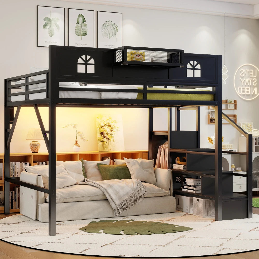 Metal Loft Bed With Stairs, Guardrails And Wardrobe Storage