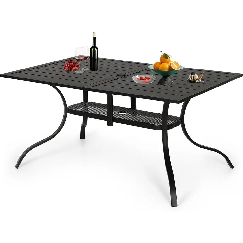 60"x36" Patio Dining Table, Outdoor Metal Recular Table Patio urniture Classic Black Table with 1.57" Umbrella Hole, or Garden B