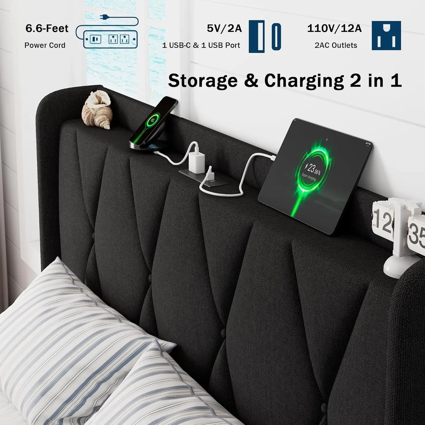 Full Size Upholstered Bed with 4 Storage Drawers, Charging Station, Wingback Headboard, Noise-Free, Black, Customized