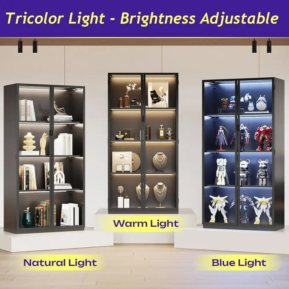 4-Tier Glass Display Cabinet with 3 Color Lights, Adjustable Shelves for Collectibles, Toys, Books, and Figurines - 63 Black