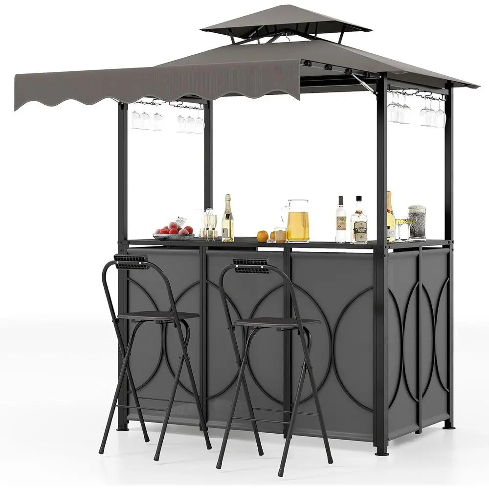 3 Piece Patio Bar Set, Grill Gazebo & 2 oldable Bar Stools with Awning, Metal Storage Shelves, Glass Holders, Double-Tier Outdoo