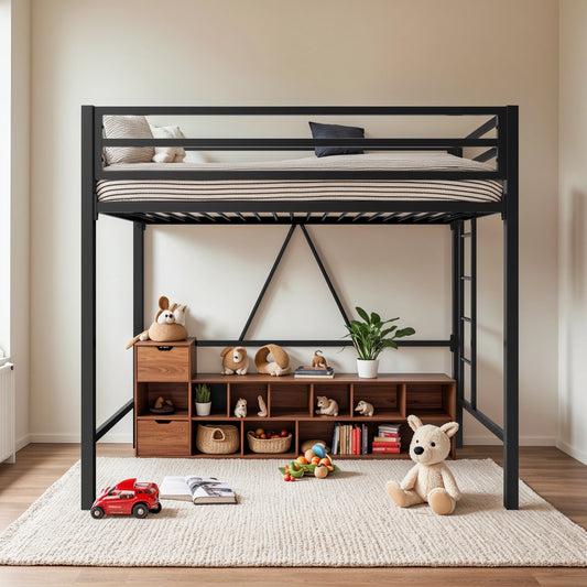 HOOMIC Metal Loft Bed Frame With Guardrail And Removable Ladder