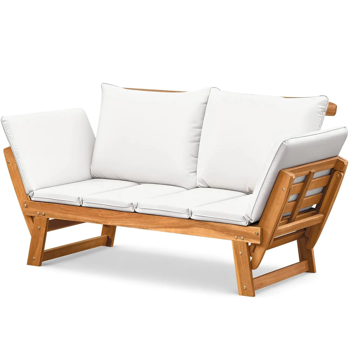 Adjustable Armrest Acacia Wood Outdoor Loveseat Soft Cushion Convertible Balcony Porch Backyard Furniture White Customized