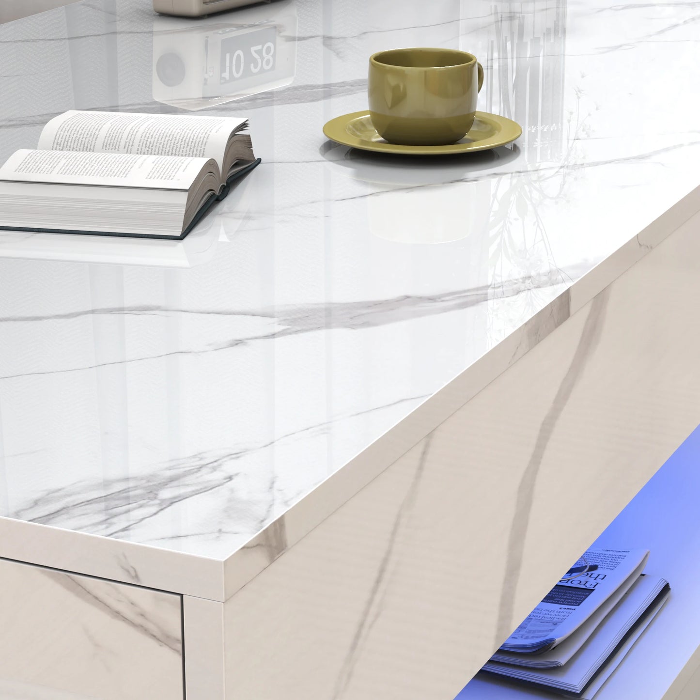 QiaoShiRen Modern Coffee Table With LED Lights And Dual Drawers