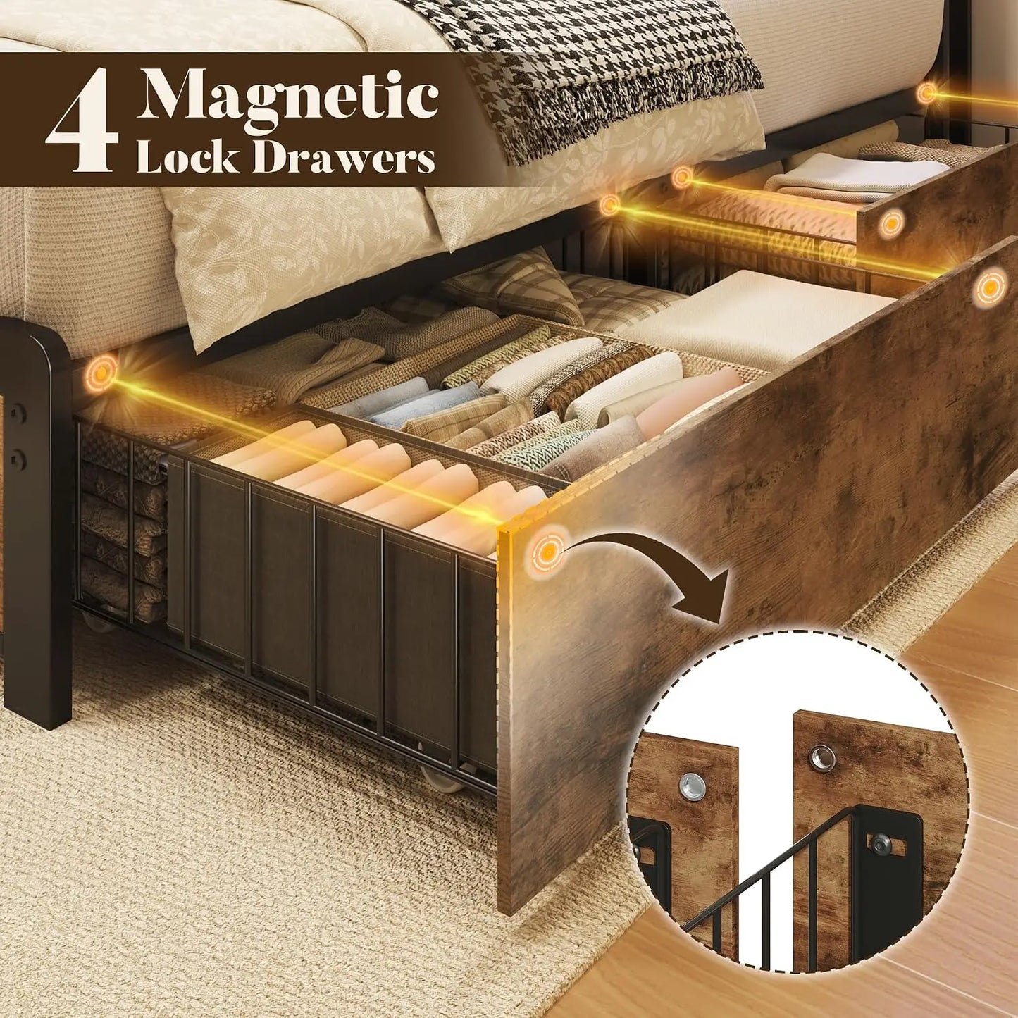 Queen Bed Frame Storage Headboard Metal Platform 4 Drawers Charging Station LED Noise-Free No Box Spring Rustic Brown, Customize