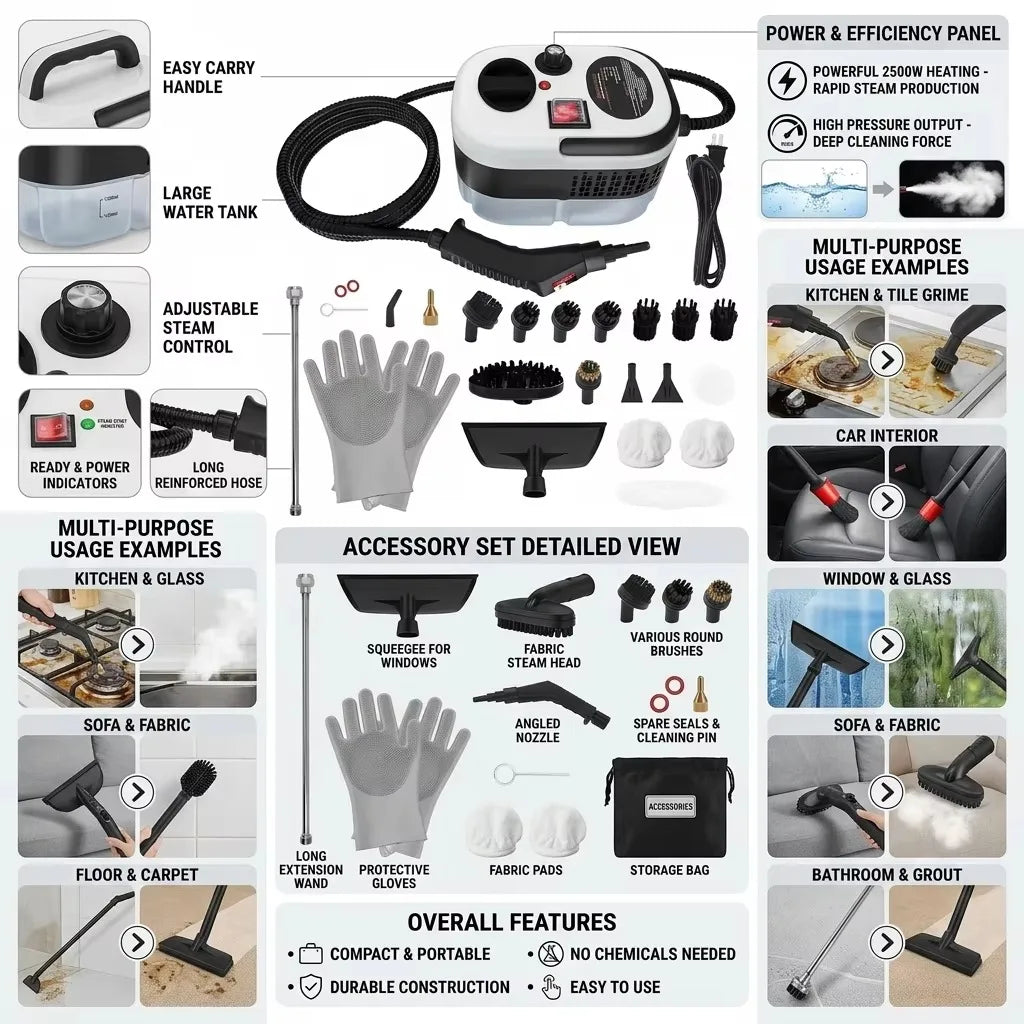 New Universal 2500W Handheld Steam Cleaner High Pressure Household Car Steam Cleaning Machine Portable Multi Purpose For Home Kitchen Bathroom Carpet Sofa Floor Window Tile Grime Removal Durable Easy Use With Nozzle Brush Sto