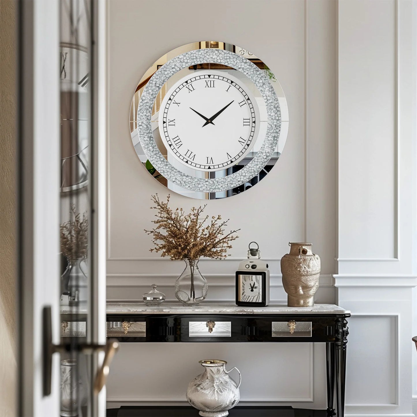Crystal Mirror Wall Clock With Mute Speaker For Living Room