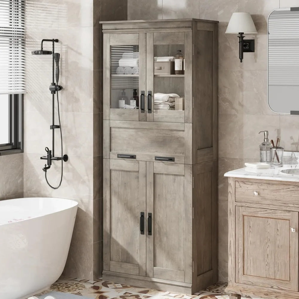 67 Tall Bathroom Cabinet with 4 Doors & Flip Glass Drawer, Storage Cabinet with Adjustable Shelves, Freestanding Organize
