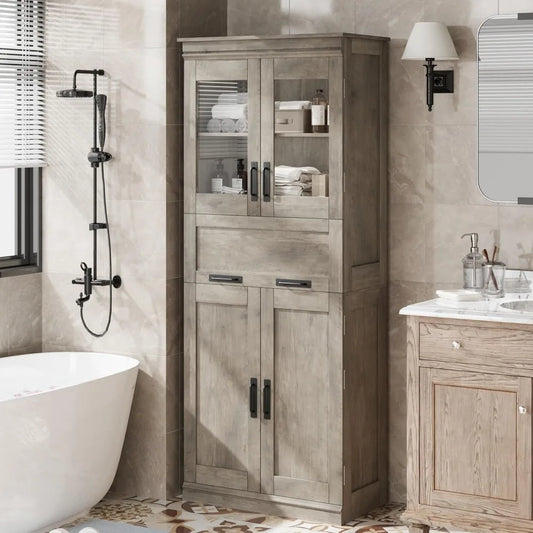 67 Tall Bathroom Cabinet with 4 Doors & Flip Glass Drawer, Storage Cabinet with Adjustable Shelves, Freestanding Organize