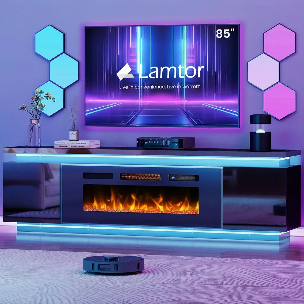 Fireplace TV Stand for 80 Inch TV, Farmhouse Entertainment Center with 42 Fireplace amp LED Lights, Modern Media Console Table