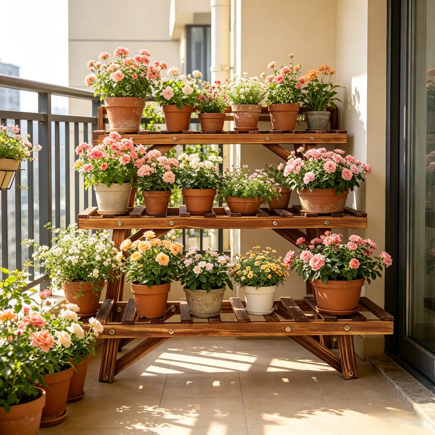 3 Tier Wood Plant Shelf For Balcony And Living Room